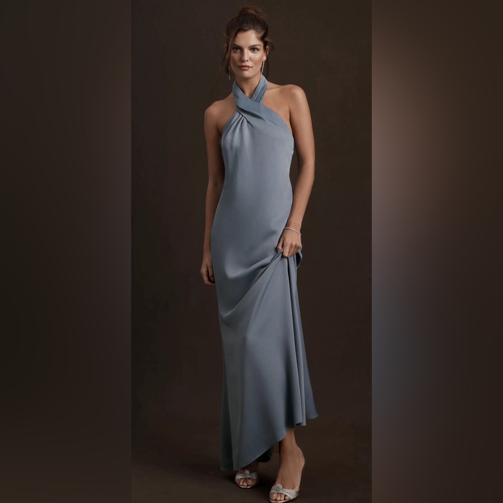 BHLDN Ruby Twist Halter Satin Gown in Dusty Blue
